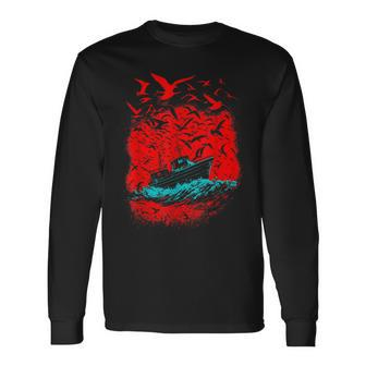 Art Birds And Boat In Ocean Under Red Sky Long Sleeve T-Shirt | Mazezy UK