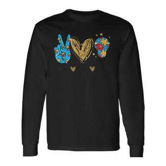 Autism Awareness Day Peace Love Autism Puzzle Ribbon Long Sleeve T-Shirt - Seseable