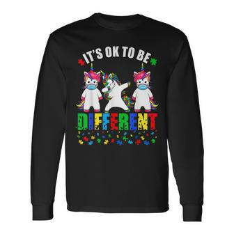 Autism Awareness Unicorn Face Mask Its Ok To Be Different Long Sleeve T-Shirt - Seseable