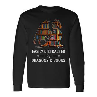 Awesome Dragons Easily Distracted By Dragons And Books Long Sleeve T-Shirt | Mazezy