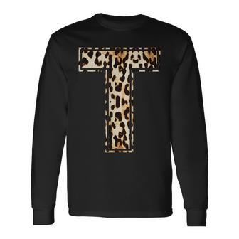 Awesome Letter T Initial Name Leopard Cheetah Print Men Women Long Sleeve T-shirt Graphic Print Unisex - Seseable