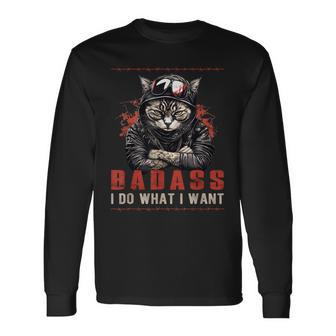 Badass I Do What I Want Cool Vintage Retro Cat Lover Long Sleeve T-Shirt - Seseable