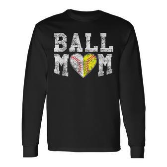 Ball Mom Baseball Softball Heart Sport Lover Long Sleeve T-Shirt - Seseable