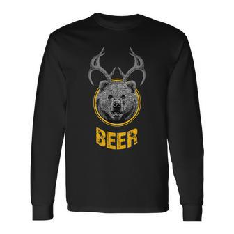 Beer Bear Funny Deer Antlers Bear Men Women Long Sleeve T-shirt Graphic Print Unisex - Seseable