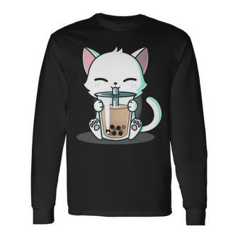 Boba Cat Kawaii Kitten Drinking Boba Cat Long Sleeve T-Shirt - Seseable