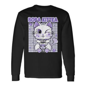 Boba Tea Women Lavender Kittea Kawaii Cat Japanese Long Sleeve T-Shirt - Seseable