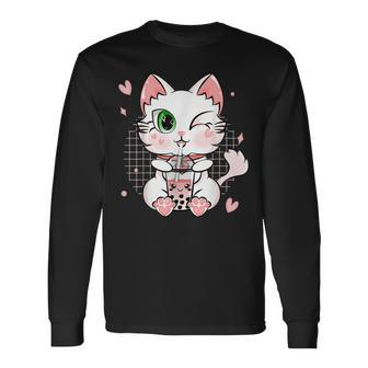 Bubble Tea Cat Boba Tea Anime Kawaii Neko Long Sleeve T-Shirt - Seseable