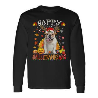 Bulldog Dog Happy Hallothanksmas Halloween Thanksgiving Xmas Men Women Long Sleeve T-Shirt T-shirt Graphic Print - Thegiftio UK