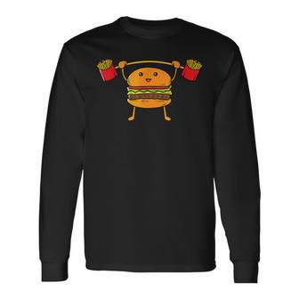 Burger Lifting Fries Funny Food Pun Snatch Squat Barbell Men Women Long Sleeve T-shirt Graphic Print Unisex - Seseable
