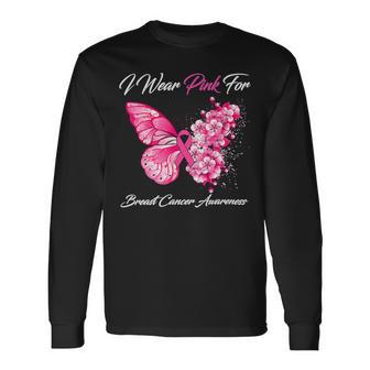 Butterfly I Wear Pink For Breast Cancer Awareness Long Sleeve T-Shirt - Monsterry DE