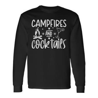 Campfires And Cocktails Graphic Camping Long Sleeve T-Shirt - Seseable
