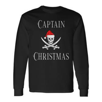 Captain Christmas Holiday Pirate Skull Santa Hat Boating Men Women Long Sleeve T-shirt Graphic Print Unisex - Seseable