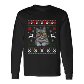 Cat With Sunglasses Meowy Ugly Christmas Sweater Long Sleeve T-Shirt - Monsterry AU