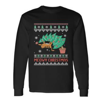 Cat Ugly Christmas Meowy For Christmas Cats Lover Long Sleeve T-Shirt - Monsterry UK