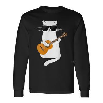 Cat Wearing Sunglasses Playing Guitar Guitarist Long Sleeve T-Shirt T-Shirt | Mazezy