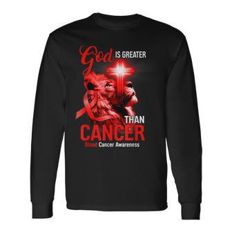 Christian Lion Cross God Is Greater Than Cancer Red Ribbon Long Sleeve T-Shirt - Seseable