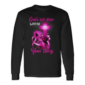 Christian Lion Cross Religious Quote Breast Cancer Awareness Long Sleeve T-Shirt - Seseable