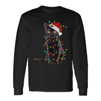 Christmas Black Cat With Santa Hat Lights For Cat Lover Xmas Men Women Long Sleeve T-shirt Graphic Print Unisex - Seseable