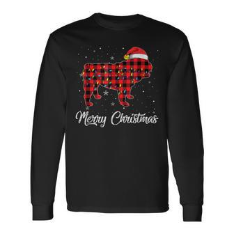 Christmas English Bulldog Red Plaid Dog Lover Pajama Men Women Long Sleeve T-shirt Graphic Print Unisex - Seseable