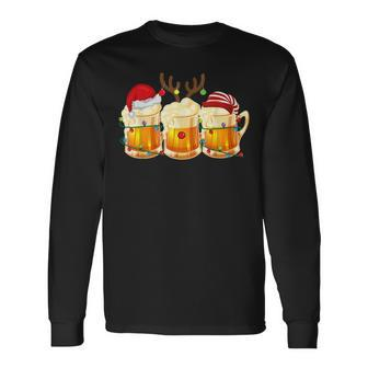 Christmas Three Glass Of Beer Lights Santa Hat Elf Antlers Men Women Long Sleeve T-shirt Graphic Print Unisex - Seseable
