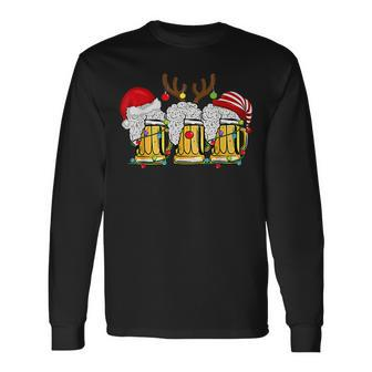 Christmas Three Glass Of Beer Lights Santa Hat Elf Antlers V2 Men Women Long Sleeve T-shirt Graphic Print Unisex - Seseable
