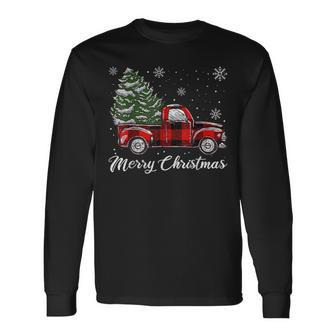 Christmas Tree Red Truck Pajama Vintage Buffalo Plaid Truck Men Women Long Sleeve T-shirt Graphic Print Unisex - Seseable