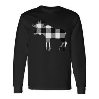Classic White & Black Christmas Buffalo Plaid Deer Elk Men Women Long Sleeve T-shirt Graphic Print Unisex - Seseable