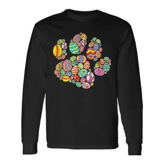 Colorful Egg Paw Print Dog Cat Lovers Easter Day Long Sleeve T-Shirt - Seseable