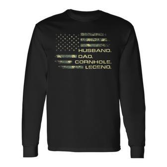 Cornhole Husband Dad Cornhole Legend American Flag Long Sleeve T-Shirt T-Shirt | Mazezy