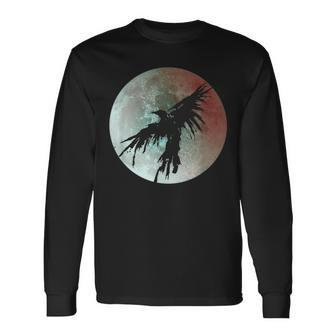 Crow Raven Distressed Flying Bird Full Moon Raven Crow Long Sleeve T-Shirt | Mazezy