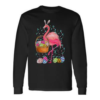 Cute Flamingo Bunny Eggs Happy Easter Egg Basket Hunting Long Sleeve T-Shirt T-Shirt | Mazezy