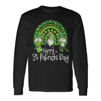 Cute Gnomes Lucky Heart Shamrock Happy St Patricks Day Irish Long Sleeve T-Shirt - Seseable
