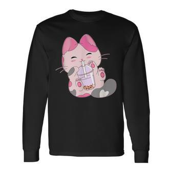 Cute Kawaii Cat Boba Bubble Milk Tea Anime Neko Kitten Long Sleeve T-Shirt - Seseable