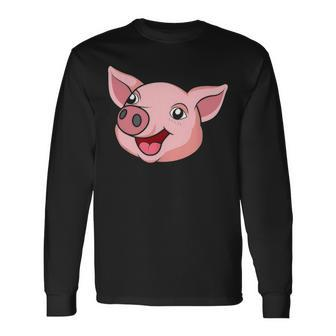 Cute Pig Face Farm Adorable Pink Piglet Lover Farmer Long Sleeve T-Shirt - Seseable