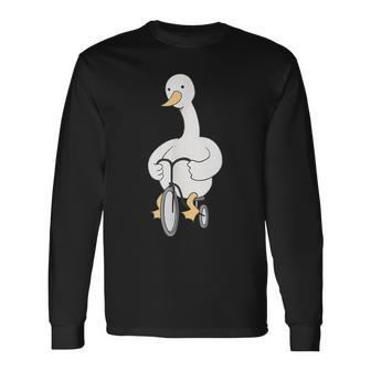Cute White Duck Riding Bicycle Goose Riding Tricycle Bike Men Women Long Sleeve T-shirt Graphic Print Unisex - Seseable