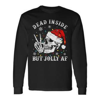 Dead Inside But Jolly Af Skeleton Santa Christmas Pajamas Men Women Long Sleeve T-shirt Graphic Print Unisex - Seseable