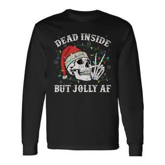 Dead Inside But Jolly Af Skull Santa Light Skeleton Pajamas Men Women Long Sleeve T-shirt Graphic Print Unisex - Seseable