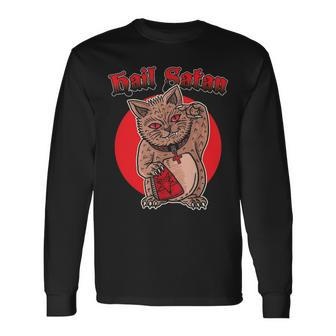 Death Metal Asian Lucky Cat Hail Satan Kitten Rock Music Long Sleeve T-Shirt - Seseable