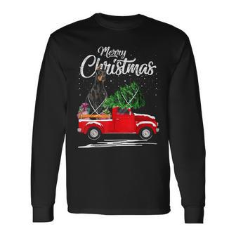Doberman Pinscher Dog Ride Red Truck Christmas Pajama Men Women Long Sleeve T-shirt Graphic Print Unisex - Seseable
