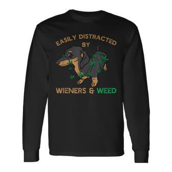 Easily Distracted By Wiener Dog And Weed Cannabis Dachshund Men Women Long Sleeve T-shirt Graphic Print Unisex - Seseable