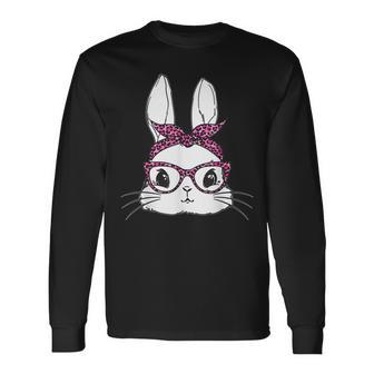 Easter Day Cute Bunny Rabbit Face With Leopard Pink Glasses Long Sleeve T-Shirt - Seseable