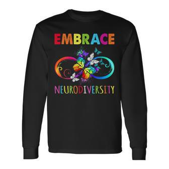 Embrace Neurodiverity Rainbow Infinity Butterfly Autism Long Sleeve T-Shirt | Mazezy