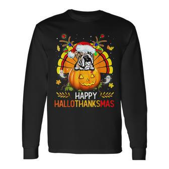 English Bulldog Happy Hallothanksmas Halloween Thanksgiving Men Women Long Sleeve T-Shirt T-shirt Graphic Print - Thegiftio UK