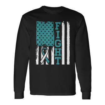 Fight Cervical Cancer Awareness Month White Teal Ribbon Long Sleeve T-Shirt T-Shirt | Mazezy