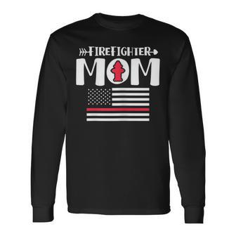 Firefighter Mom Mother American Flag Thin Red Line Firewoman Long Sleeve T-Shirt T-Shirt | Mazezy