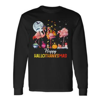 Flamingo Halloween And Merry Christmas Happy Hallothanksmas V3 Men Women Long Sleeve T-Shirt T-shirt Graphic Print - Thegiftio UK