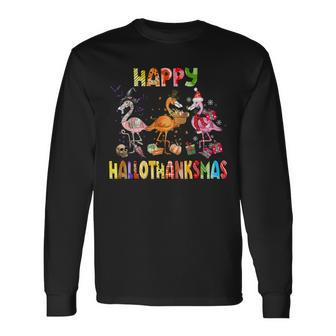 Flamingo Halloween And Merry Christmas Happy Hallothanksmas V4 Men Women Long Sleeve T-Shirt T-shirt Graphic Print - Thegiftio UK