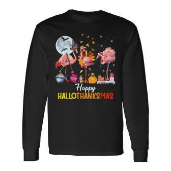 Flamingo Halloween And Merry Christmas Happy Hallothanksmas V6 Men Women Long Sleeve T-Shirt T-shirt Graphic Print - Thegiftio UK