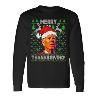 Funny Joe Biden Santa Hat Merry Thanksgiving Ugly Christmas Men Women Long Sleeve T-shirt Graphic Print Unisex - Seseable