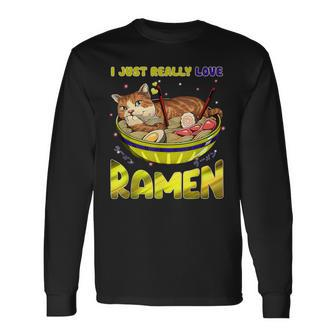 Funny Kawaii Anime Cats Love Ramen Japanese Noodles Men Women Long Sleeve T-shirt Graphic Print Unisex - Seseable